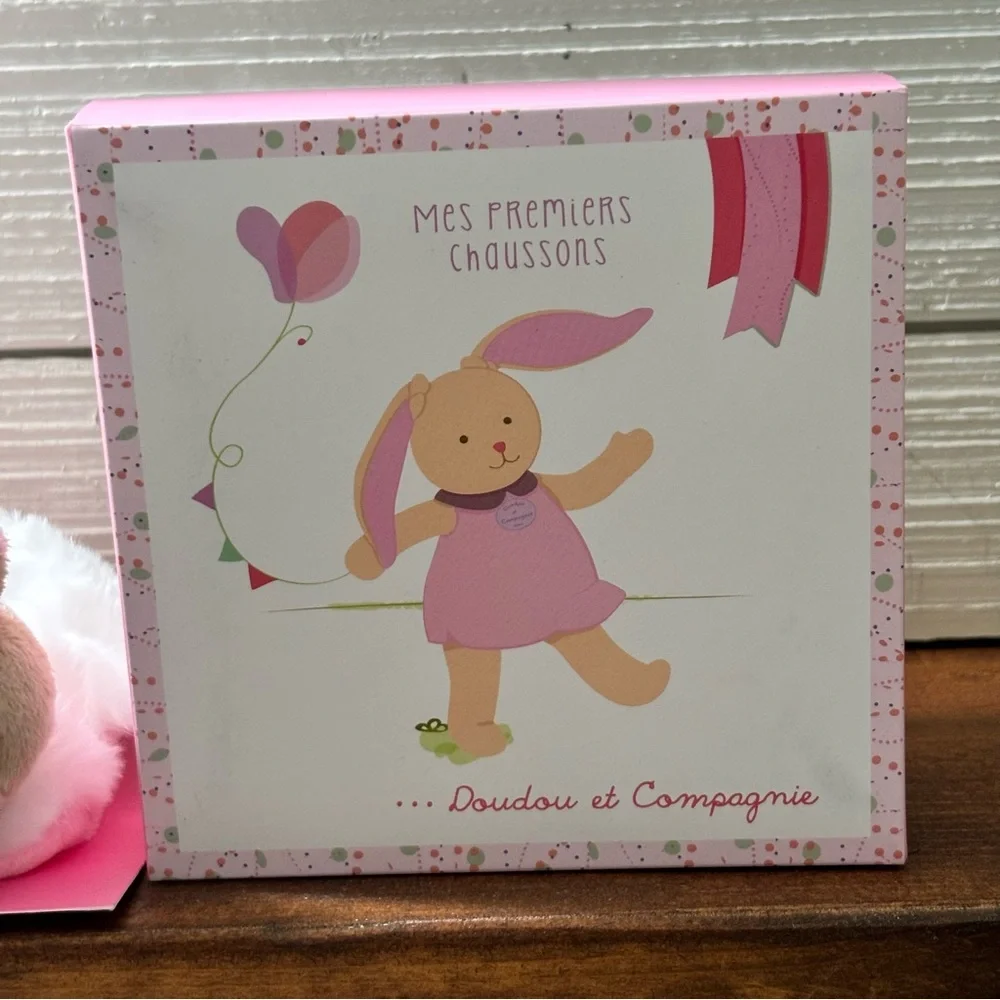Doudou et Compagnie Rattle Booties Bunny Pink Slippers NEW IN BOX